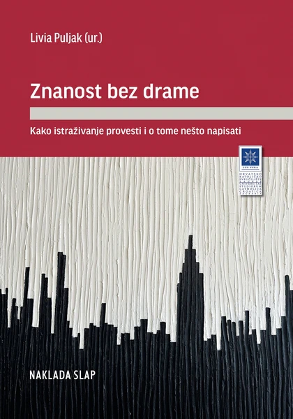 Naslovnica knjige „Znanost bez drame" urednice Livije Puljak – crveno zaglavlje i reljefna crno-bijela apstrakcija nalik gradskoj silueti, izdavač Naklada Slap